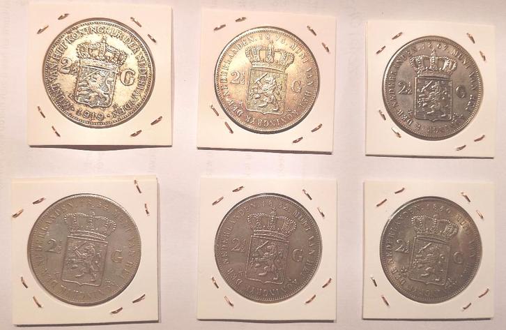 6 x 2,5 Gulden NL (Willem I, II en III en Wilhelmina), Postzegels en Munten, Munten | Nederland, Setje, Overige waardes, Zilver
