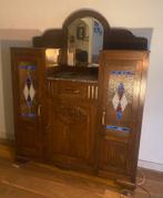 Oude Art Deco buffetkast met spiegel, glas in lood, marmer, Ophalen