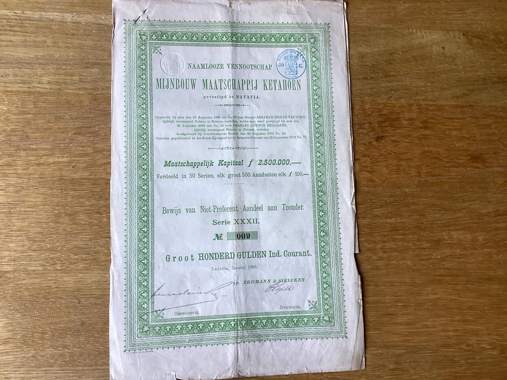 Aandeel Mijnbouw Maatschappij Ketahoen - Batavia, Postzegels en Munten, Ophalen of Verzenden, Voor 1920, Aandeel