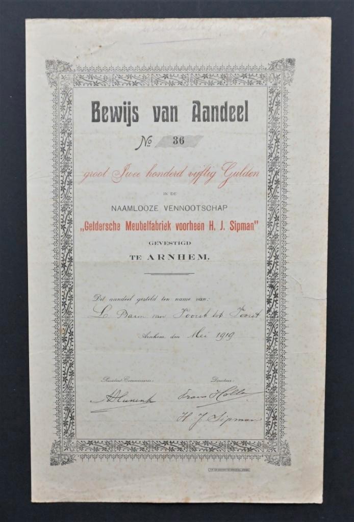 Geldersche Meubelfabriek voorheen H.J. Sipman - Arnhem 1919, Postzegels en Munten, Aandelen en Waardepapieren, Aandeel, Voor 1920