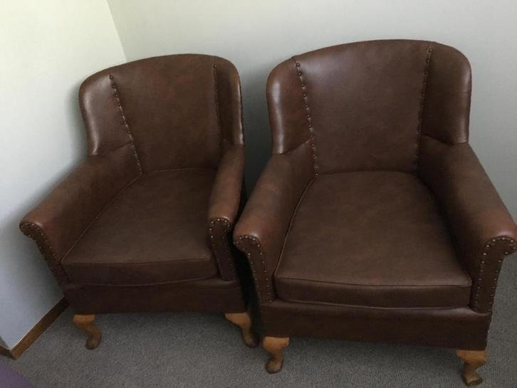 Engelse fauteuils, kunstleer, vintage, Huis en Inrichting, Fauteuils, Gebruikt, Kunststof, 75 tot 100 cm, Ophalen