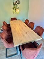 Bartafel Industrieel met  eiken blad met 8 barstoelen, Ophalen of Verzenden, Gebruikt, Meubilair