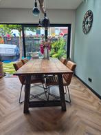 Teak eettafel met 4 buffel leren stoelen, Huis en Inrichting, Tafels | Eettafels, Ophalen of Verzenden