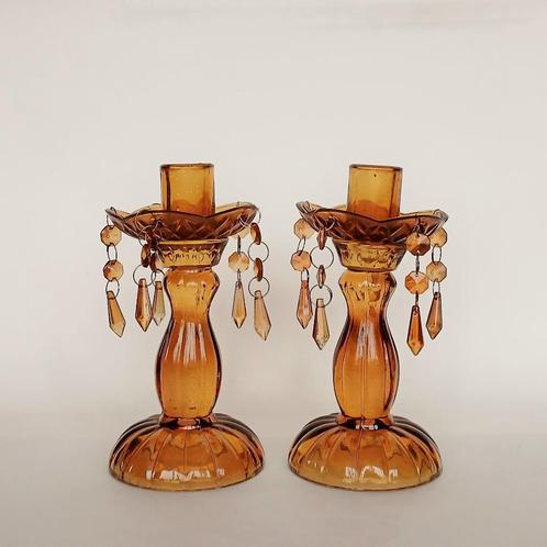 Stel Kandelaars Persglas Brocante, Antiek en Kunst, Antiek | Kandelaars, Glas, Ophalen of Verzenden