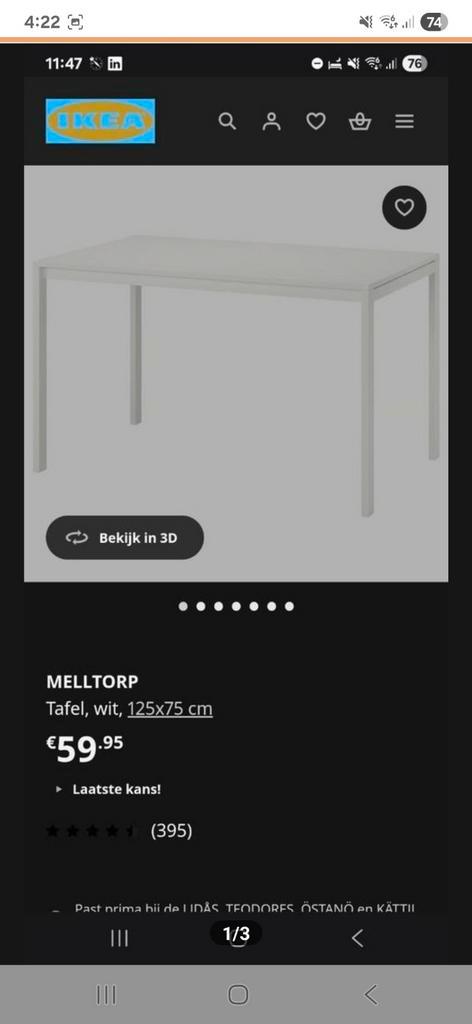 IKEA Melltorp Eettafel Wit 125x75 cm, Huis en Inrichting, Tafels | Eettafels, Gebruikt, 50 tot 100 cm, 100 tot 150 cm, Vijf personen of meer