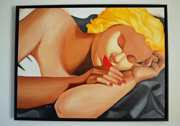 Olieverf schilderij - slapende vrouw - met lijst, Antiek en Kunst, Kunst | Schilderijen | Modern, Ophalen