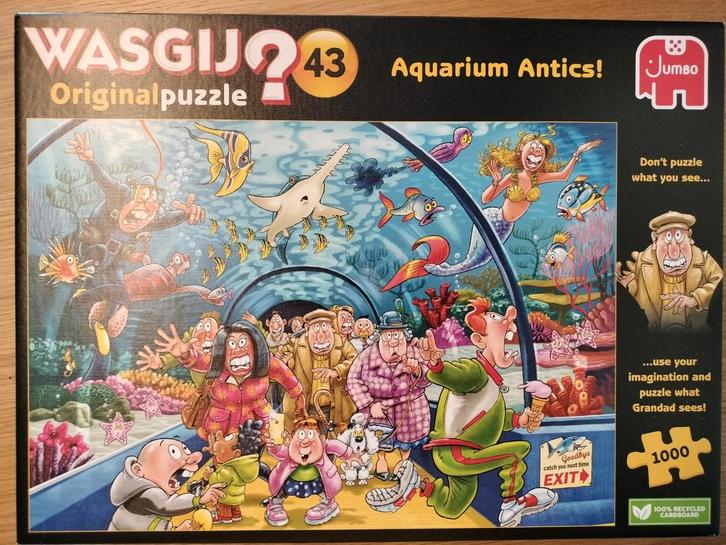 Wasgij Original 43 - Aquarium Antics! 1000 stukjes, Hobby en Vrije tijd, Denksport en Puzzels, Zo goed als nieuw, Legpuzzel, 500 t/m 1500 stukjes