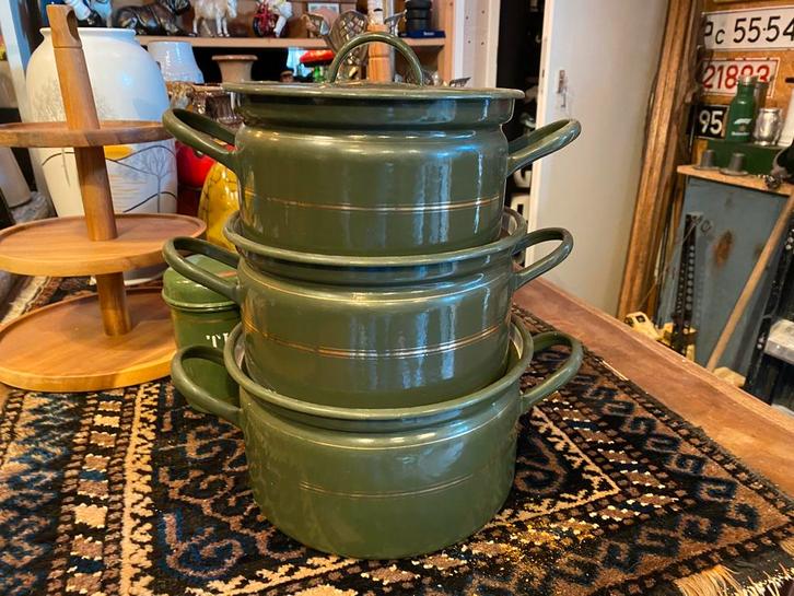 Zeer mooie Donkergroen emaille pannenset., Antiek en Kunst, Antiek | Emaille, Ophalen of Verzenden