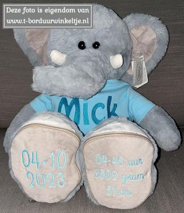 Geboorte knuffel Olifant 45 CM geborduurd met naam & datum beschikbaar voor biedingen