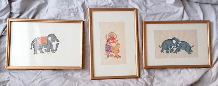 3 schilderingen Olifanten o.a. Ganesha, Antiek en Kunst, Kunst | Niet-Westerse kunst, Ophalen of Verzenden