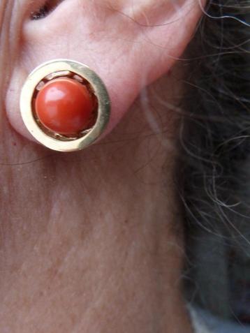 14 karaat gouden oorbellen, oorstekers met grote bloedkoraal beschikbaar voor biedingen