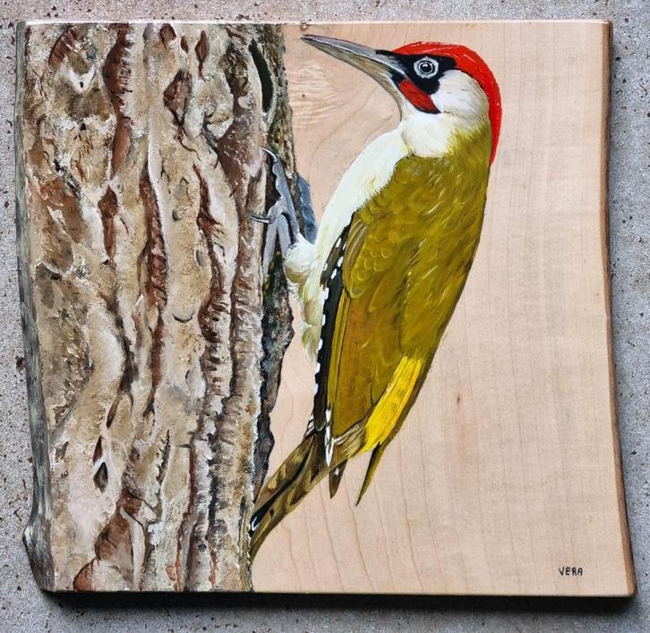 Schilderij groene specht op hout voor huis of tuin, Tuin en Terras, Tuinwanddecoratie, Nieuw, Ophalen of Verzenden
