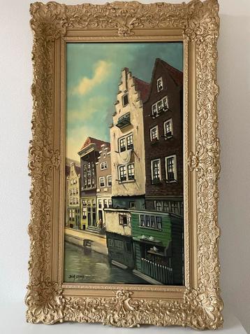 Dick Groen - Grachtenpand Schilderij, Klassiek, Olieverf beschikbaar voor biedingen