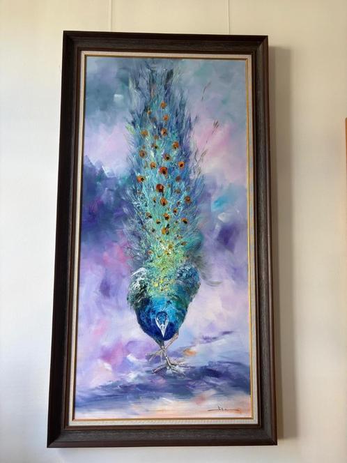 Peacock door Jiang He - Een Olieverfschilderij, Antiek en Kunst, Kunst | Schilderijen | Klassiek, Ophalen of Verzenden