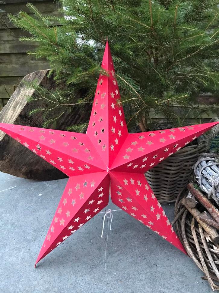 Retro papieren kerstster rood ster 60cm 5 punt wit Set 2 st, Diversen, Kerst, Nieuw, Ophalen of Verzenden