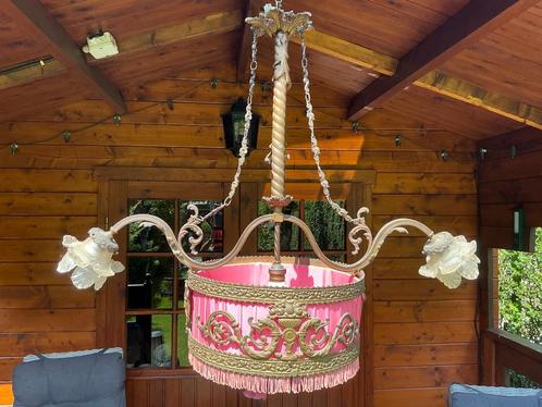 Prachtige antieke bronzen hanglamp met zijden oud roze korf, Antiek en Kunst, Antiek | Lampen, Ophalen