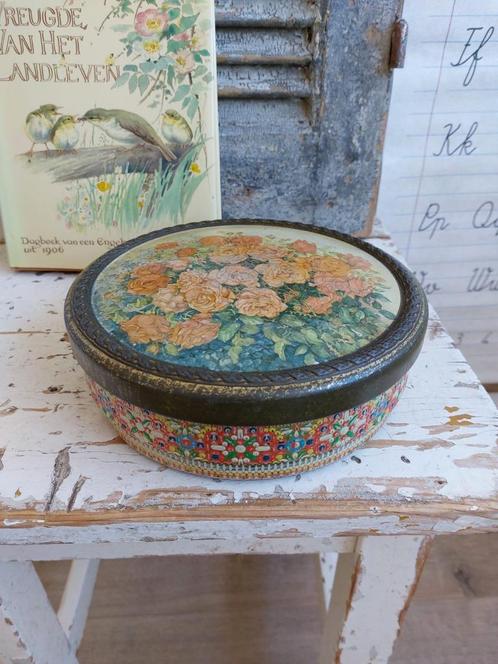 Prachtig oud gebloemd "kraaltjesblik" of koektrommel, Antiek en Kunst, Antiek | Woonaccessoires, Ophalen of Verzenden