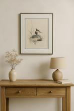 Schilderij – Fuut met jong in het riet (aquarelstijl), Ophalen of Verzenden, Minder dan 50 cm, Schilderij, Minder dan 50 cm