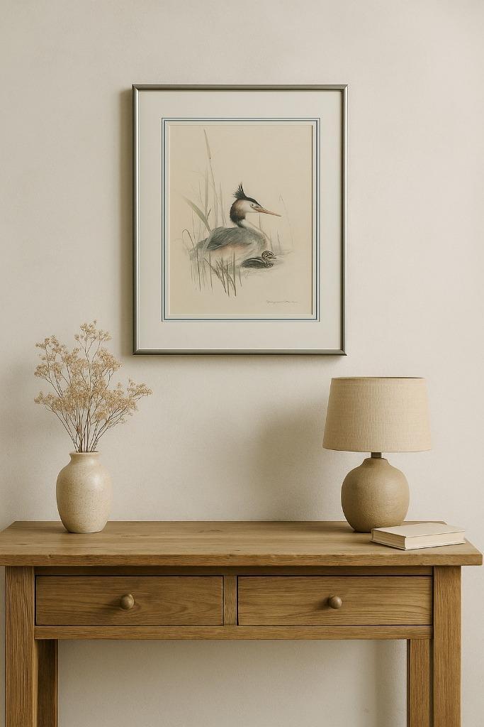 Schilderij – Fuut met jong in het riet (aquarelstijl), Huis en Inrichting, Woonaccessoires | Schilderijen, Tekeningen en Foto's