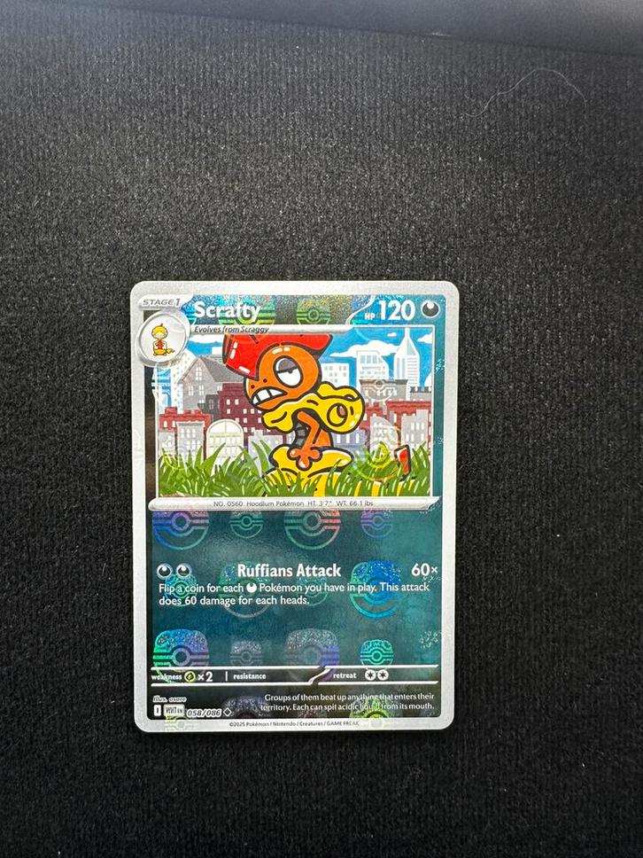 Pokemon Scrafty 058/086 Masterbal, Hobby en Vrije tijd, Verzamelkaartspellen | Pokémon, Zo goed als nieuw, Meerdere kaarten, Ophalen of Verzenden