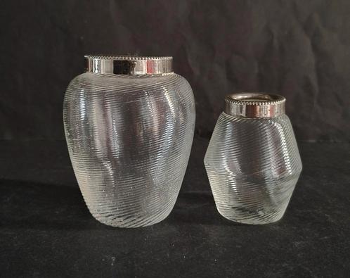 Antiek twee Fries draadglas lepelvaasjes. Verzilverde rand., Antiek en Kunst, Antiek | Glas en Kristal, Ophalen of Verzenden