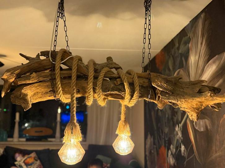 Unieke Teakhouten Hanglamp - Handgemaakt & Sfeervol, Huis en Inrichting, Lampen | Hanglampen, Zo goed als nieuw, 75 cm of meer