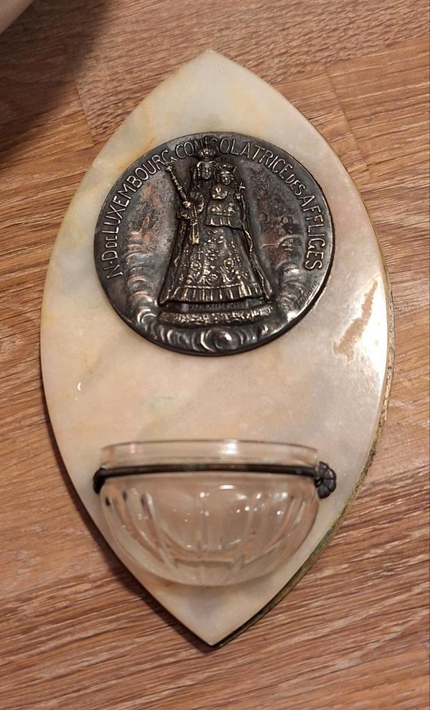 Antiek wijwaterbakje met Maria afbeelding, Antiek en Kunst, Curiosa en Brocante, Ophalen of Verzenden