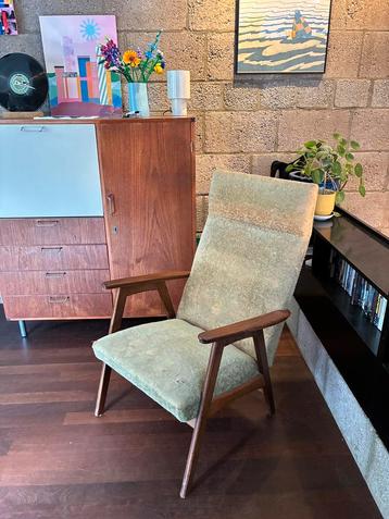 Fauteuil - houten stoel, mid century, stof grijs/groen beschikbaar voor biedingen