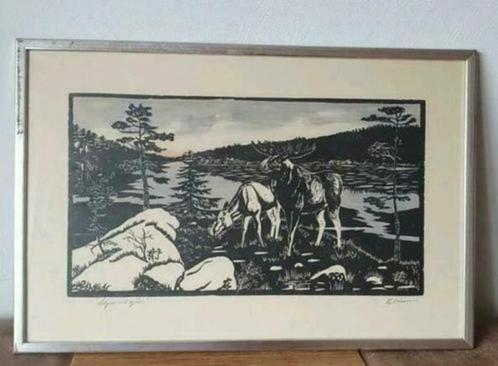 Henry A Olsson'. Zweden elanden bij meer 1934 Älgar vid sjö, Antiek en Kunst, Kunst | Etsen en Gravures, Ophalen