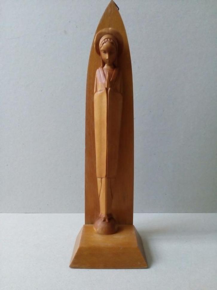 Oud art deco mariabeeldje op consooltje. Hout, Antiek en Kunst, Curiosa en Brocante, Ophalen of Verzenden