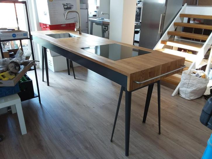 Keukeneiland met massief eikenhouten aanrechtblad, Huis en Inrichting, Keuken | Complete keukens, Nieuw, Overige typen, Hout, Ophalen