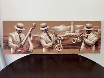 Cubaans schilderij jazz muzikanten, 89x30cm beschikbaar voor biedingen
