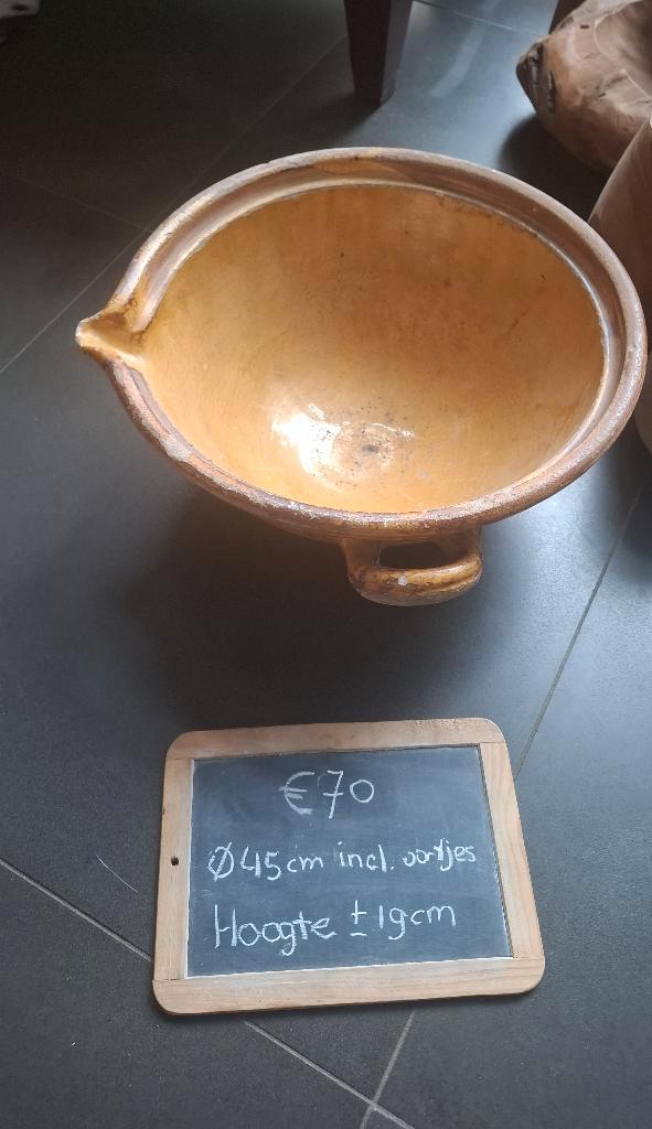 Hele grote antieke geglazuurde gresale afroomkom uit 1900, Antiek en Kunst, Antiek | Keramiek en Aardewerk, Ophalen