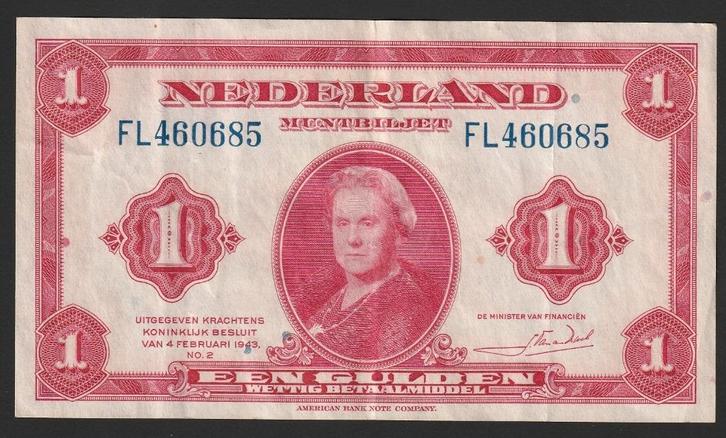 1 gld 1943 FL 460685 (wilhelmina) mooi exemplaar, Postzegels en Munten, Bankbiljetten | Nederland, 1 gulden, Ophalen of Verzenden