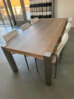Tafel met stoelen eiken white wash en wit leer, Huis en Inrichting, Ophalen, 100 tot 150 cm, Eikenhout, 200 cm of meer