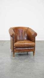 Cognac-kleurige, karakteristieke schapenleren clubfauteuil, Huis en Inrichting, Fauteuils, Ophalen, Gebruikt, Vintage, 75 tot 100 cm