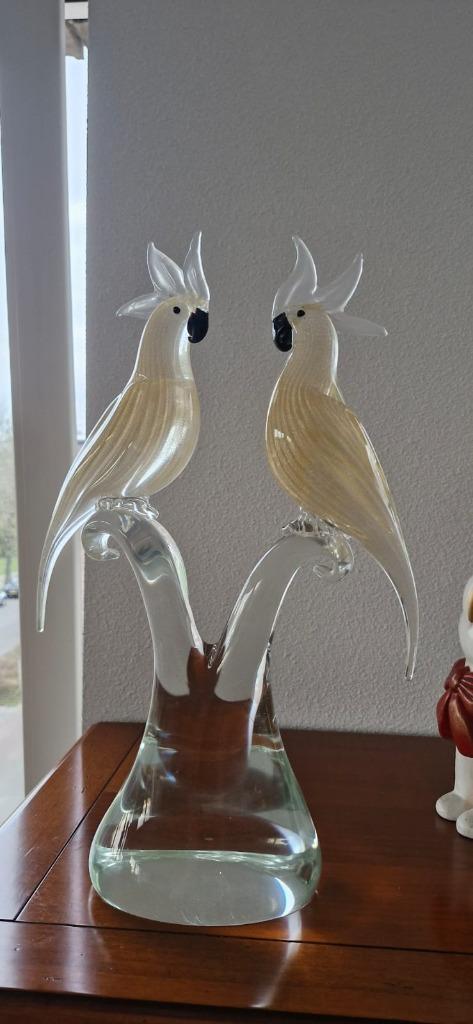 Prachtig Murano glazen beeld - Twee kaketoes handgemaakt, Antiek en Kunst, Antiek | Glas en Kristal, Ophalen