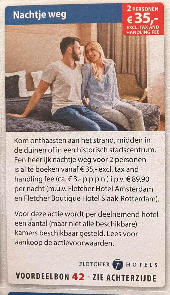 Kortingsbon nachtje weg Fletcher hotel voor 2 personen, Tickets en Kaartjes, Kortingen en Cadeaubonnen, Overige typen, Kortingsbon