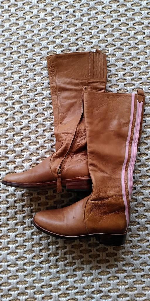 Unieke vintage leren laarzen, cognac met roze streep, mt 40, Kleding | Dames, Schoenen, Zo goed als nieuw, Hoge laarzen, Bruin