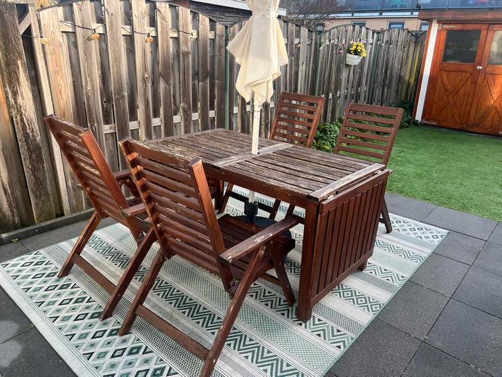 Complete Ikea Appalaro Tuinset met Bank & Parasol!, Tuin en Terras, Tuinsets en Loungesets, Gebruikt, Tuinset, Hout, 7 zitplaatsen
