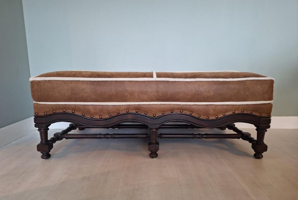 Poef bank van kunstleer met teddystof biezen, Ophalen, 125 cm of meer, Metaal, Rechthoekig