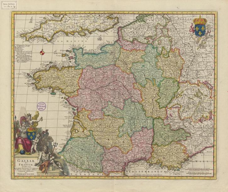 Grote landkaart van Frankrijk door Visscher 17e eeuw, Boeken, Atlassen en Landkaarten, Zo goed als nieuw, Landkaart, Wereld, 1800 tot 2000
