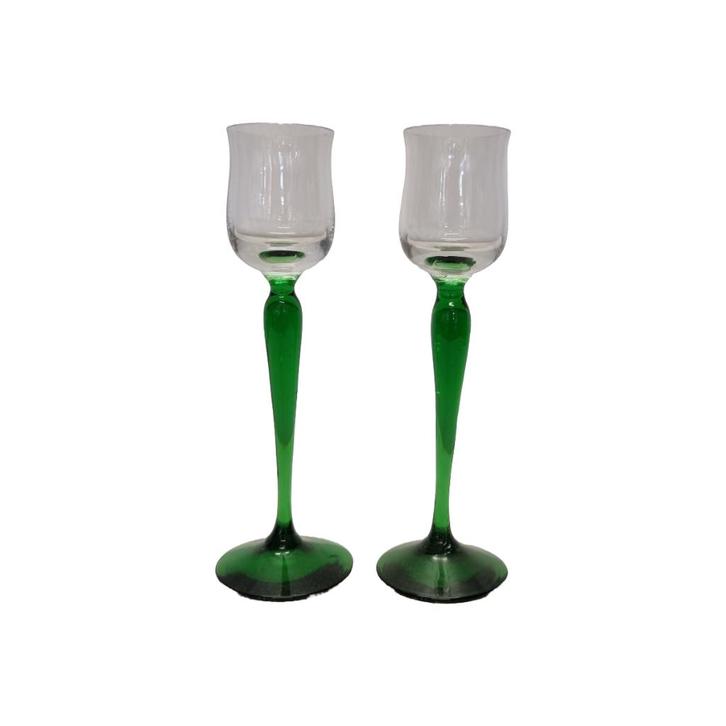 Vintage borrelglazen met groene voet, Verzamelen, Glas en Borrelglaasjes, Zo goed als nieuw, Borrel- of Shotglas, Ophalen of Verzenden