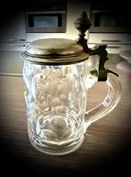 Bierpul Antiek bier glas kristal deksel tin schrift curiosa, Antiek en Kunst, Antiek | Glas en Kristal, Verzenden
