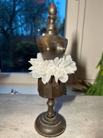 Oud toonbank paspopje papier-mache 31 cm met bloemenrokje, Ophalen of Verzenden