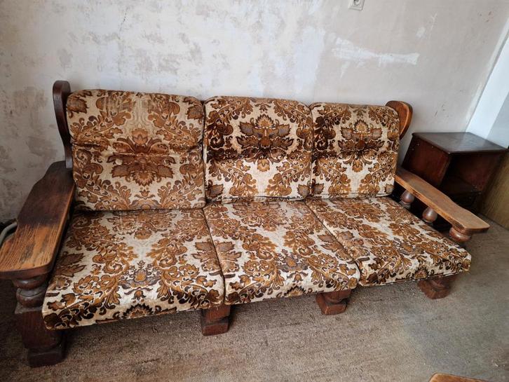 Vintage eiken bankstel met tafel, Huis en Inrichting, Banken | Bankstellen, Gebruikt, Rechte bank, Driepersoons, 75 tot 100 cm