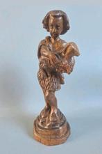 Mooi handgesneden houten beeldje jongen met schaap, Antiek en Kunst, Ophalen of Verzenden