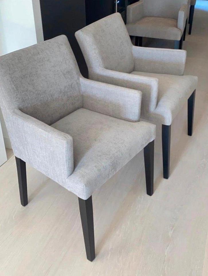 6x design eetkamerstoelen met arm - Keijser & Co, Huis en Inrichting, Fauteuils, Zo goed als nieuw, Hout, Stof, 50 tot 75 cm, Minder dan 75 cm