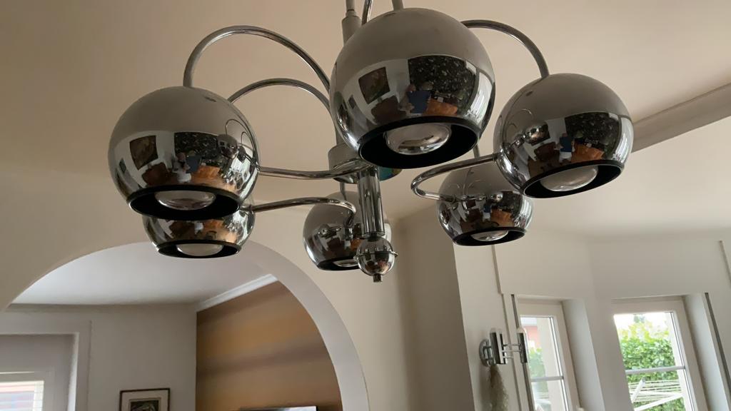 Space age sputnik plafondlamp chroom, Ophalen, Zo goed als nieuw, Plafondventilator