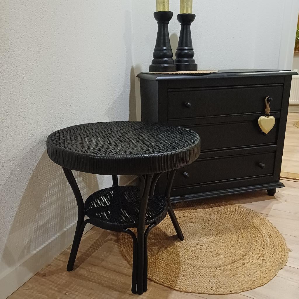 Zwart, rotan tafeltje, vintage, Ophalen, 50 tot 100 cm, Rond, 50 tot 100 cm